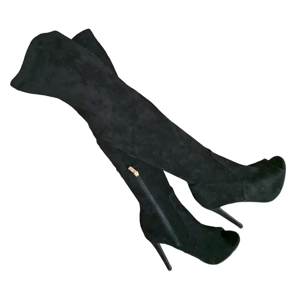 NWOT-1 SHOW! HOT TOMATO! BLACK VEGAN SUEDE  PEEP TOE OVER THE KNEE BOOTS!SZ 7.5M